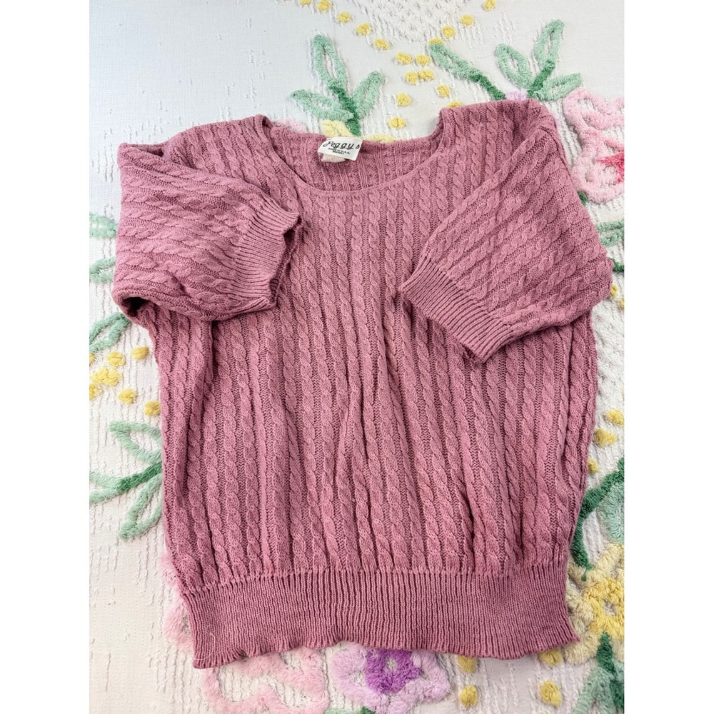 Peggy's vtg Pink Cable Knit Short Sleeve Sweater Top Size S - Picture 2 of 8
